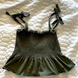 Olive green smocked, crop top tie at shoulder, comes to waist size small